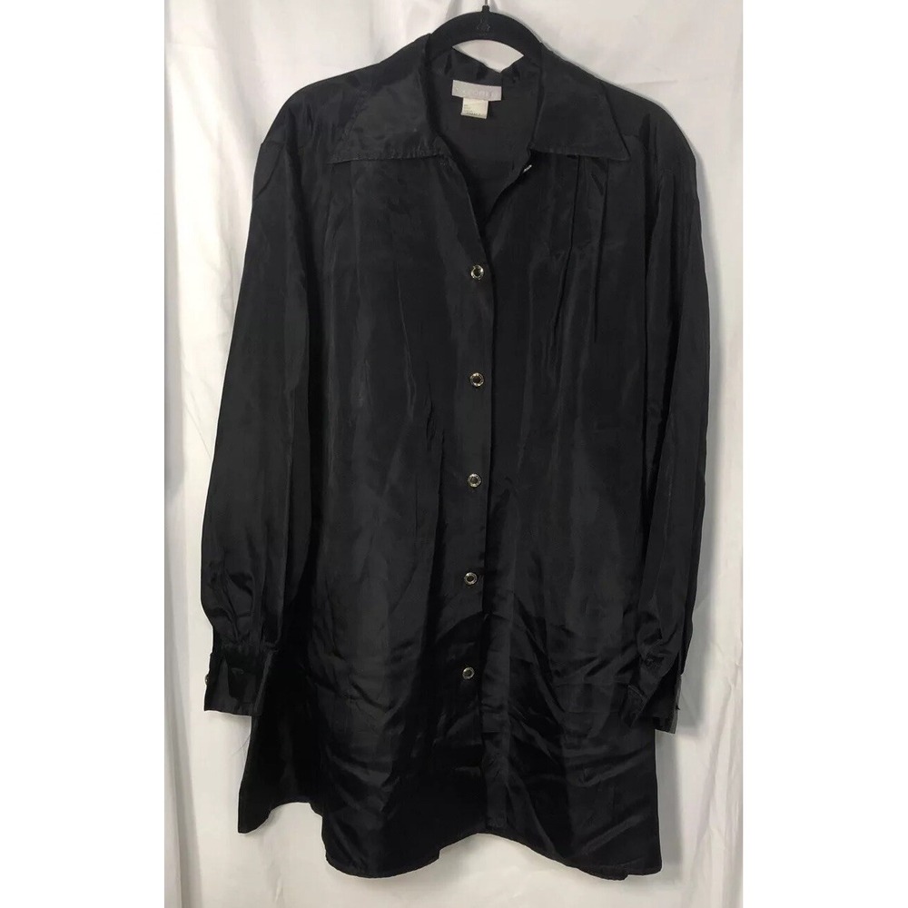 VTG Natori II Womens Black Long Sleeve Sateen Button-Up Gold Buttons Size S